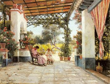 Manuel Garcia Y Rodriguez : Mother And Daughter Sewing On A Patio